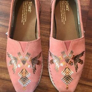 TOMS Pink Suede Embroidered Classic Espadrilles